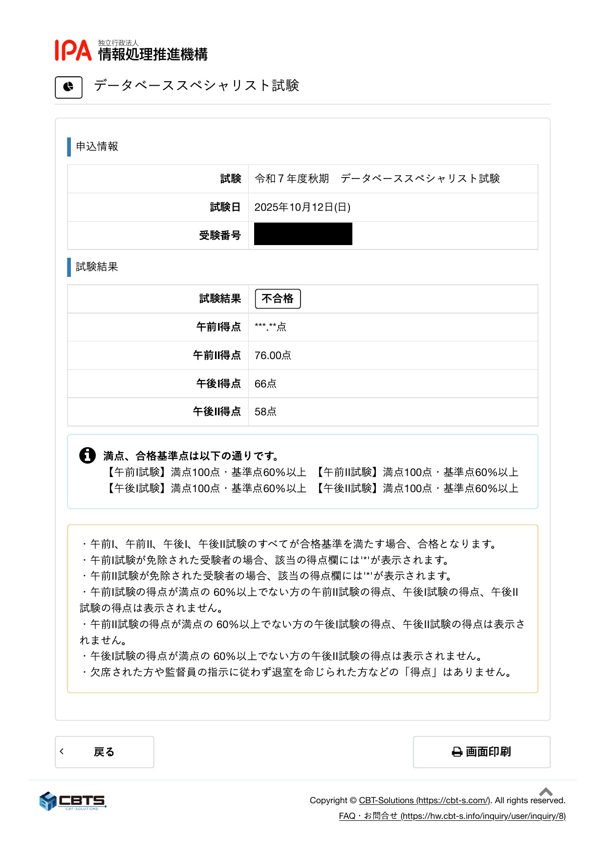 データベーススペシャリスト試験 不合格スコアレポート（午後II 58点・あと2点で不合格）