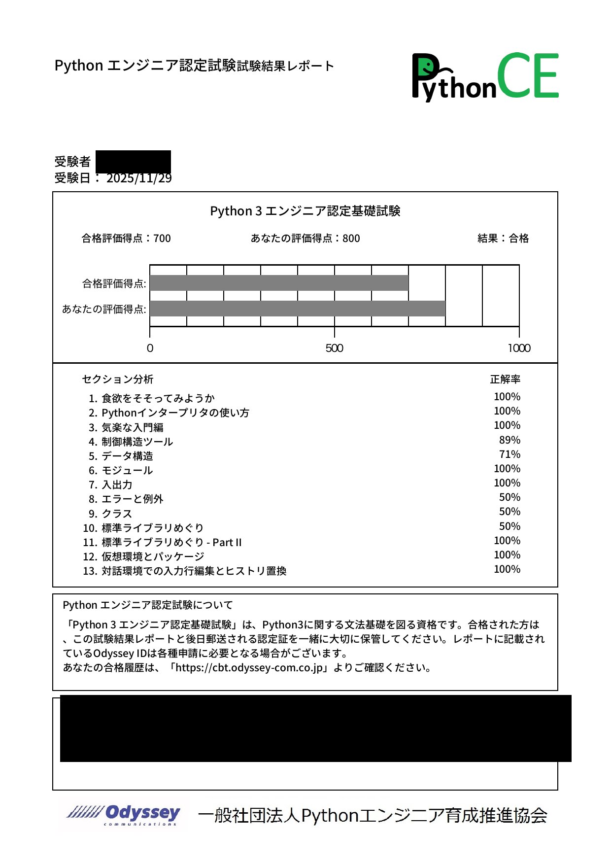 Python3エンジニア認定基礎試験 合格スコアレポート（800点・合格）